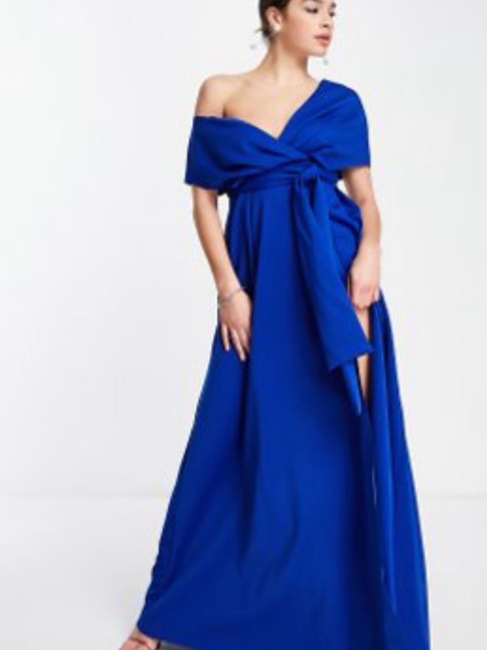 ASOS One-Shoulder Cobalt Blue Evening Gown with Draped Tie